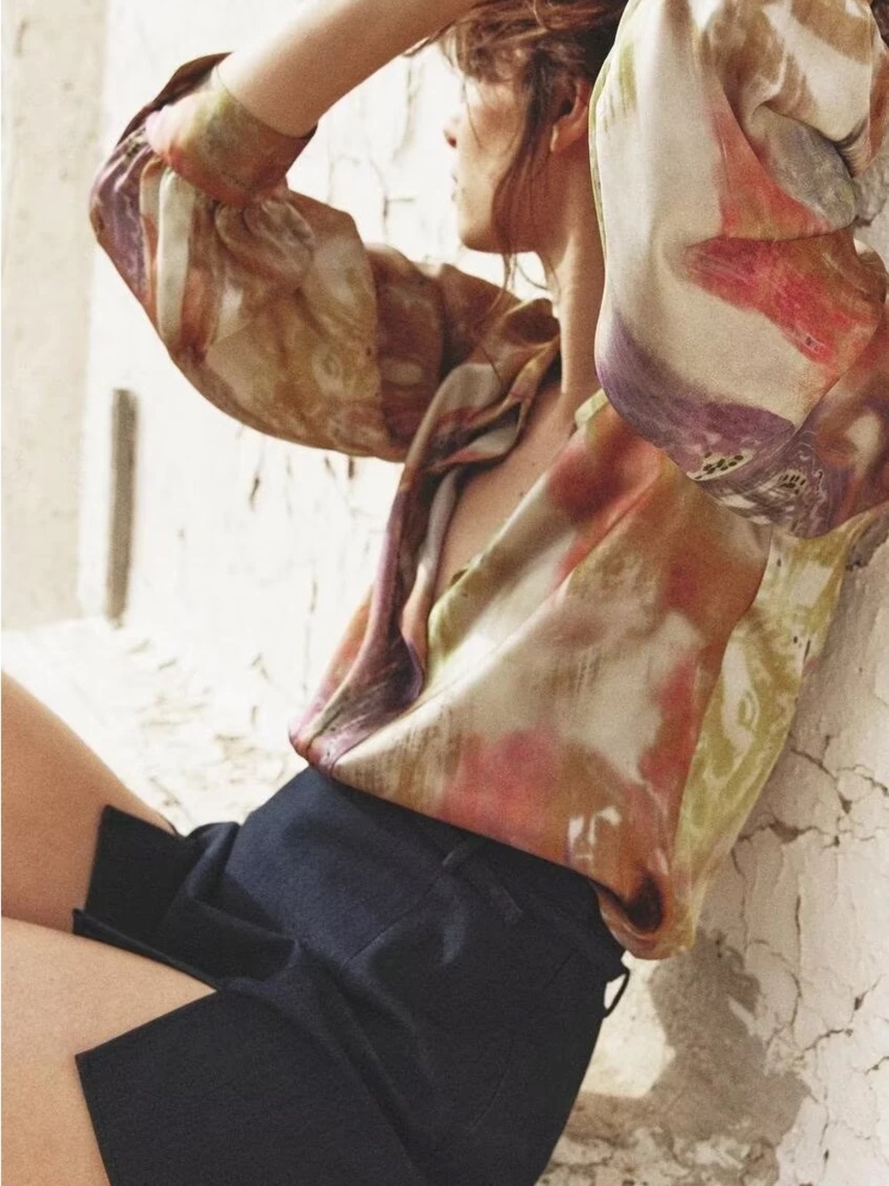 Zara Satin Abstract Print Shirt XL Watercolor Boho Retro Luxe Blouse